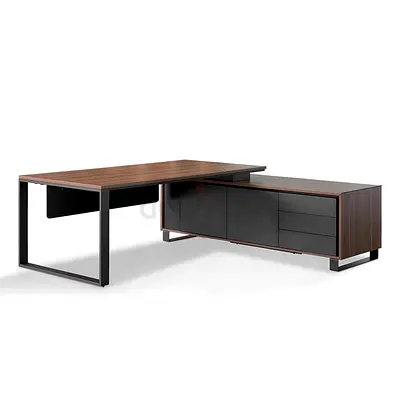Modern L-shaped Executive Office Desk with Storage Credenza