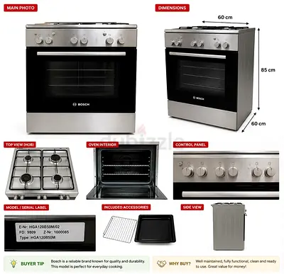 Bosch freestanding gas stove with oven - 60cm, stainless steel, good condition