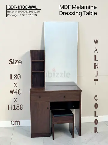 Walnut MDF Melamine Dressing Table with Mirror and Stool (L80 x W40 x H180 cm)