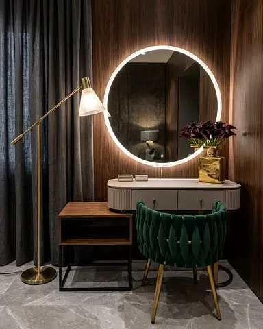 Vanity/Makeup Console with Round LED Mirror and Green Upholstered Chair