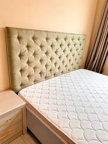 Queen upholstered tufted headboard with mattress (used, good condition)