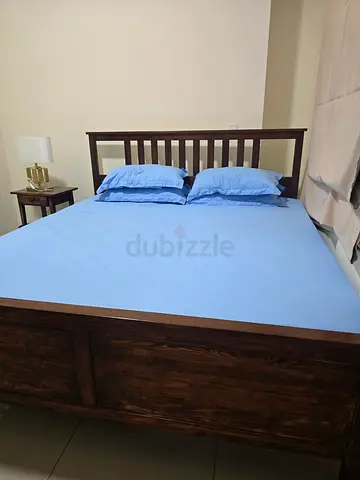 Solid Wood Double Bed Frame with Headboard and Storage Footboard