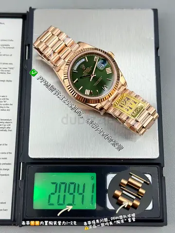 This is a Rolex Day-Date 40 featuring an olive green dial and 18k Everose gold case.