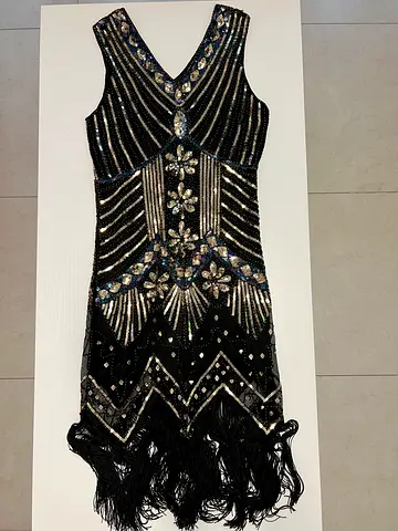 Black Beaded Fringe Flapper Dress - Vintage Style, Size Unknown