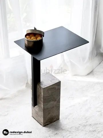 SILVER TRAVERTINE & CAST IRON SIDE TABLE or drink nightstand or bed coffee table pedestal plinth