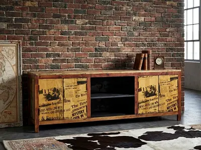 Rustic Wooden TV Unit with Vintage Newsprint Detail