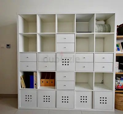 Large White Modular Storage Shelves with Drawers and Cubes