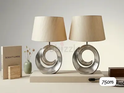 Pair of large Modern Silver Spiral Table Lamps with Beige Shades 75 x 40 cm (250 AED)