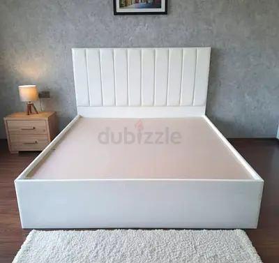 New White Fabric Wood Queen size bed frame with padded headboard