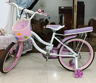 Girls Pink & White Bicycle with Training Wheels and Basket