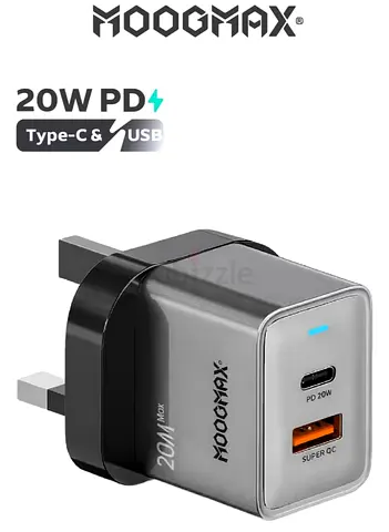 MOOGMAX 20W Fast Wall Charger Adapter with Dual USB-C PD and USB Super QC Ports