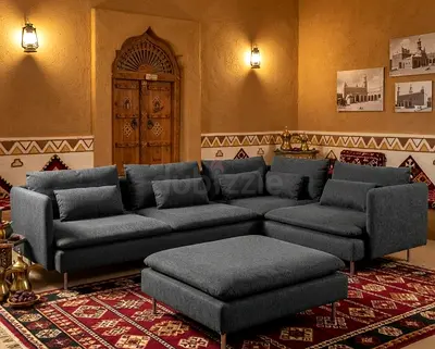 Premium Sodram Corner Sofa with matching Ottoman, designed for modern living rooms. Elegant grey col