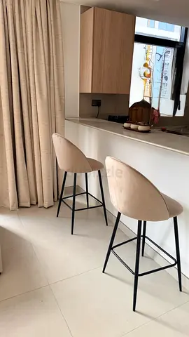 New Set of 2 Beige Velvet Bar Stools with Black Metal Legs