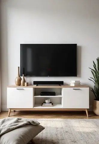 Modern White and Wood TV Stand Entertainment Center