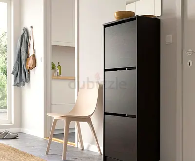 Slim Tall Shoe Cabinet - Dark Wood, 3-Drawer Storage