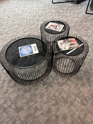 Set of 3 Black Wire Nesting Coffee/Side Tables with Glass Tops