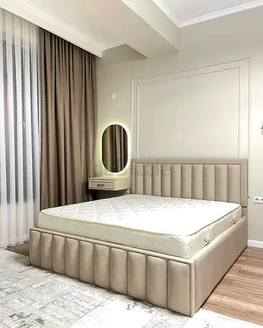 Beige Upholstered Queen Bed —Modern Vertical Channel Headboard with out matters