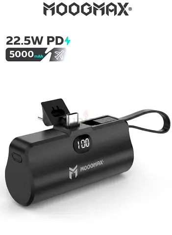 MOOGMAX 5000mAh 22.5W Portable Power Bank with Built-in USB-C and Lightning Cables - Black