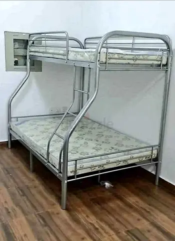 Metal bunk bed (double base, single top) with mattresses - brand new