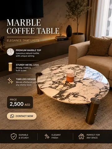 Round Marble Coffee Table with Brass Legs — Excellent Condition