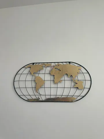 Metal World Map Wall Art - Oval Grid Design