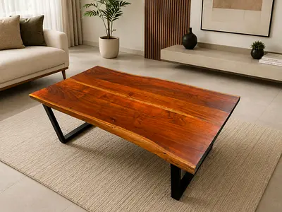 Live Edge Solid Wood Coffee Table with Metal Legs