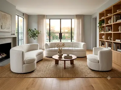 Modern curved white sofa set with armchairs and
