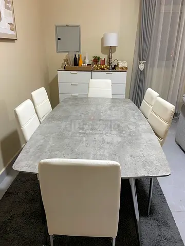 Dining table with 6 white upholstered chairs - modern set