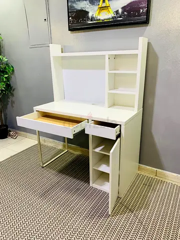 White Study Desk with Shelves and Cabinet - Good Condition