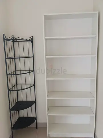 White 6-Shelf Bookcase and Black Metal Corner Shelf - Good Condition