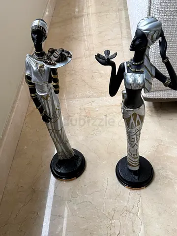 Pair of African-style Decorative Female Statues — Black & Silver