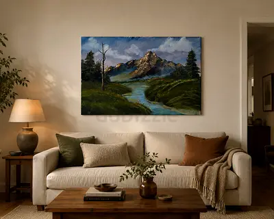 Original Landscape Oil Painting on Canvas - Mountain River Scene 60 x 90 cm