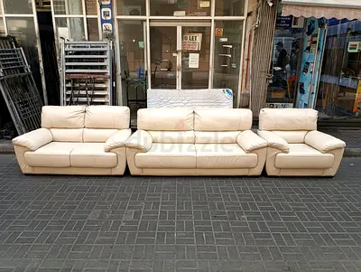 Beige 3-Piece Leather Sofa Set — 3 Seater + 2 Armchairs, Good Condition