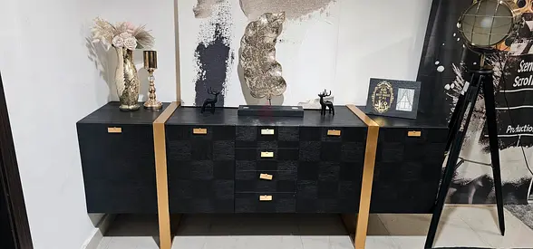 Black Wooden Sideboard / Console Cabinet with Gold Accents - Good Condition