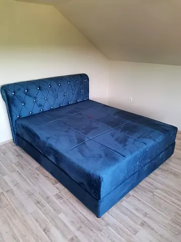 Queen/Double Upholstered Fabric Bed with Tufted Headboard - Blue