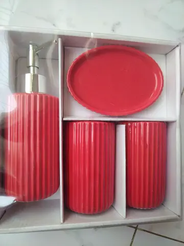 Red Ceramic Bathroom Accessory Set - Soap Dispenser, Tumbler & Tray