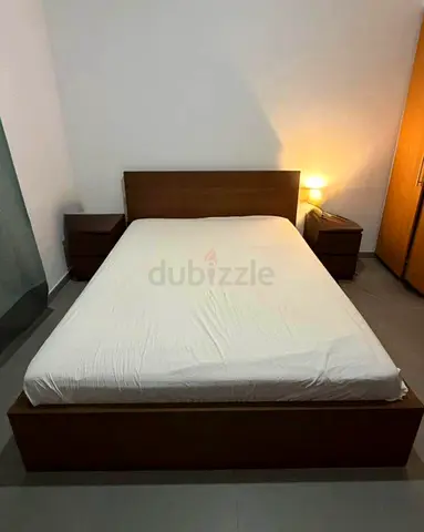 Move out sale - IKEA Queen size Bed frame, high brown Layer wood veneer, including 2 side tables