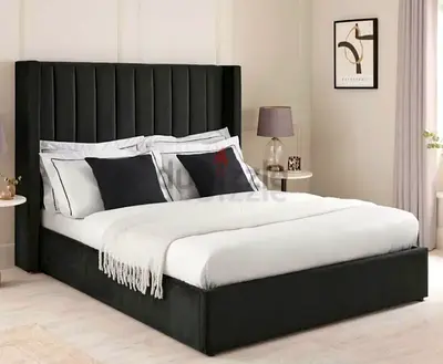 Modern Upholstered King Size Bed with Tall Vertical Channel Headboard - Black