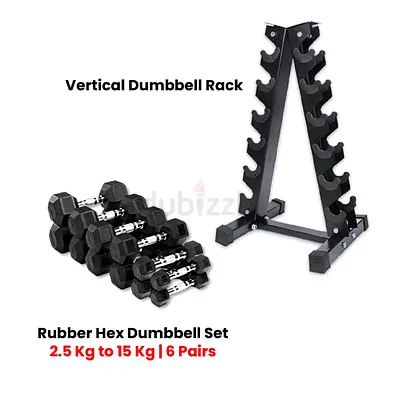 Rubber Hex Dumbbell Set (2.5kg–15kg) with Vertical Rack — 6 Pairs  Space Saving Dumbbell and Stand