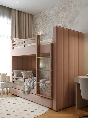 Modern Upholstered Bunk Bed with Wooden Ladder