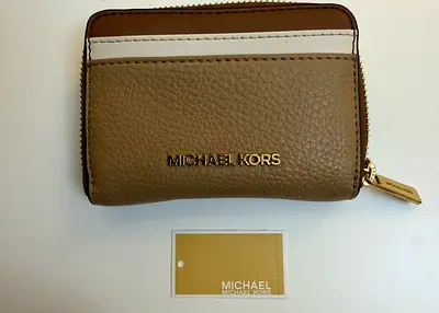 Michael Kors small zip card wallet — pebble leather, beige/tan