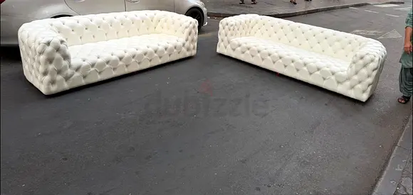 Pair of Large White Tufted Chesterfield Sofas - Good Condition