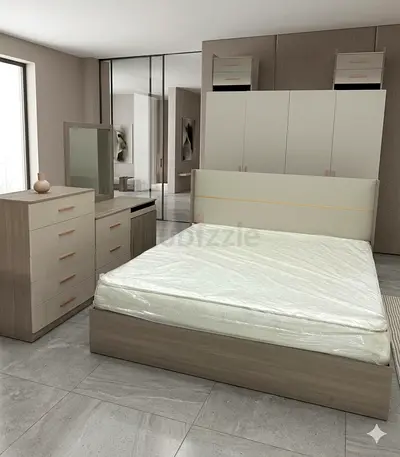 King size bedroom set with bed, wardrobe, dresser and bedside - light wood finish