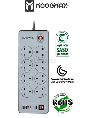 MOOGMAX BASA Power Strip Extension Cord, 8 AC Sockets, 2 USB-C 20W PD, 2 USB-A, 2990W with Auto Time