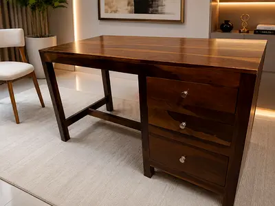 Marina Solid Wood Office Desk with 3 Drawers - Dark Walnut Finish