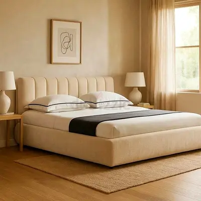Modern Upholstered Bed Frame with Ribbed Headboard