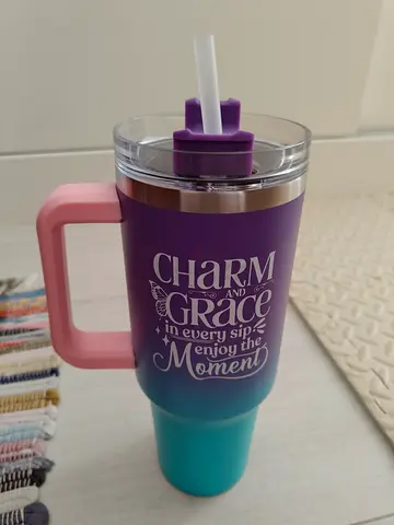Insulated travel tumbler with handle and straw - purple to teal ombre