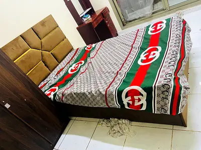 Queen size bed frame with upholstered headboard - good condition