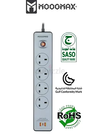MOOGMAX 4-Socket Power Strip Extension Cord with USB-C PD 20W and Dual USB-A Ports, 2990W