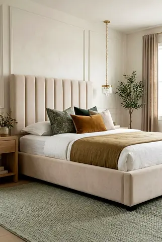 Modern Upholstered Bed with Channel Tufted Headboard